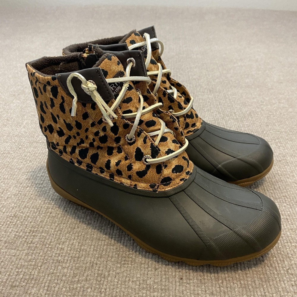 Sperry Duck Boots Womens Size 8 Brown Leopard Waterproof Ankle Zip STS86757